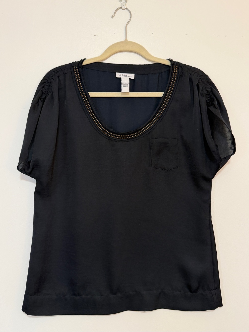 Calvin Klein Black Satin Studded Scoop Neck Short Sleeve Blouse